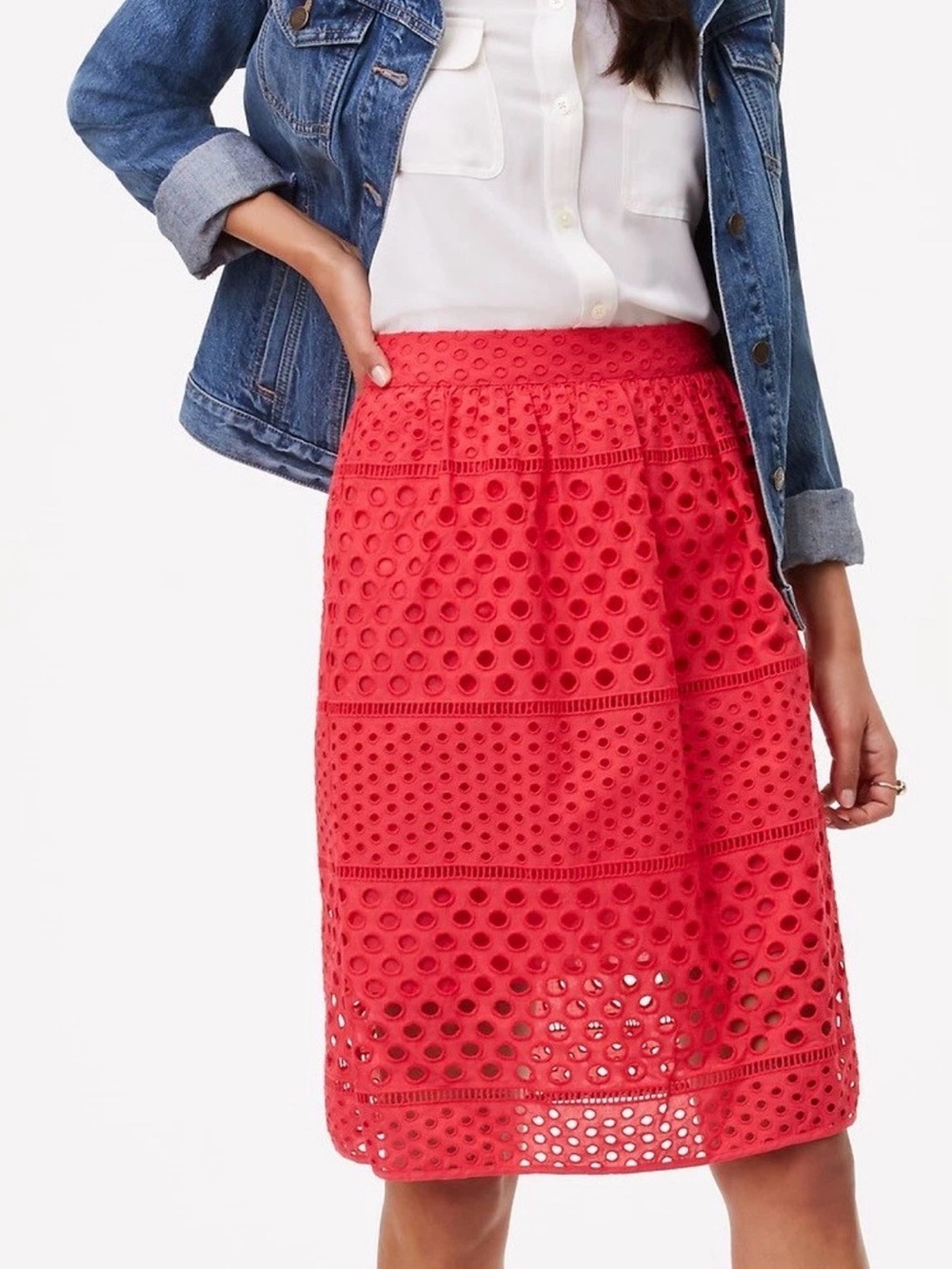 NWT Loft sz2 Red Eyelet Midi Skirt